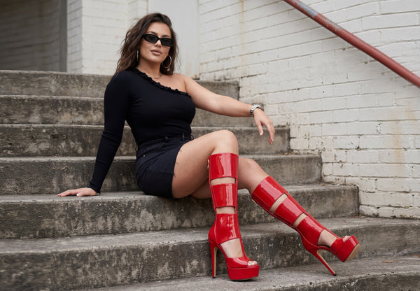 Aachcol Women's Cut-Out Platform Stiletto Boots | Patent Leather Tall Heels
