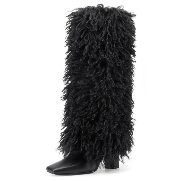 Aachcol Women's Black Shaggy Fur Knee High Boots | Square Toe Block Heel Boots
