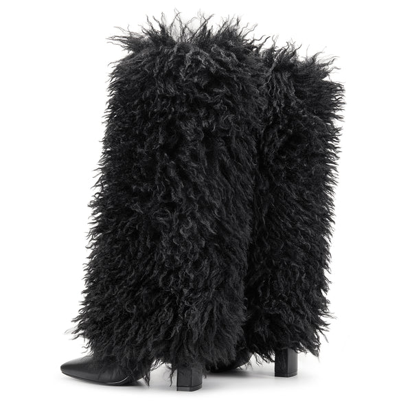 Aachcol Women's Black Shaggy Fur Knee High Boots | Square Toe Block Heel Boots