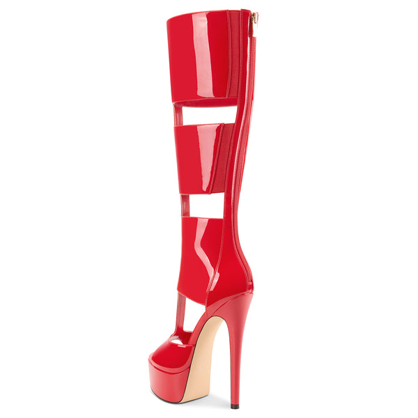 Aachcol Women's Cut-Out Platform Stiletto Boots | Patent Leather Tall Heels