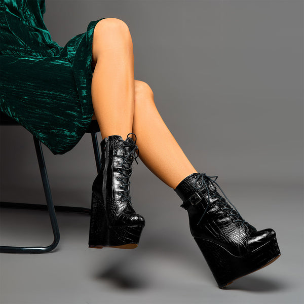 Crocodile Textured Ankle Boots with Zipper, Lace-up, and Ankle Straps _ 2-inch Platform Bootie, 6-inch Heel Shoes
