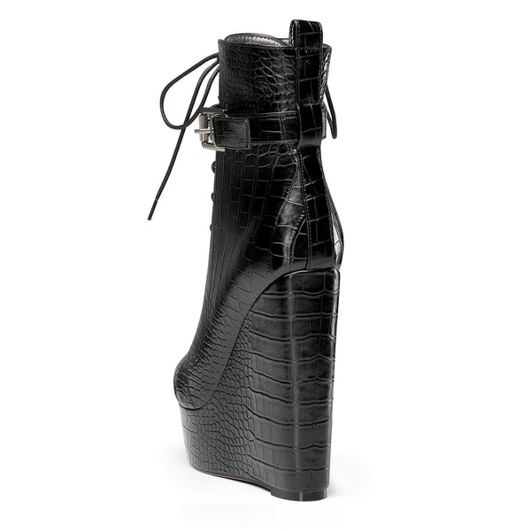 Crocodile Textured Ankle Boots with Zipper, Lace-up, and Ankle Straps _ 2-inch Platform Bootie, 6-inch Heel Shoes