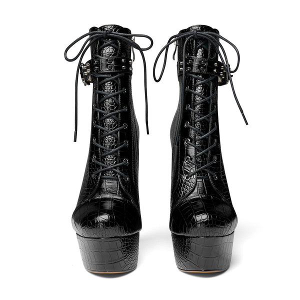 Crocodile Textured Ankle Boots with Zipper, Lace-up, and Ankle Straps _ 2-inch Platform Bootie, 6-inch Heel Shoes