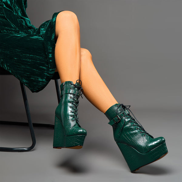 Crocodile Textured Ankle Boots with Zipper, Lace-up, and Ankle Straps _ 2-inch Platform Bootie, 6-inch Heel Shoes