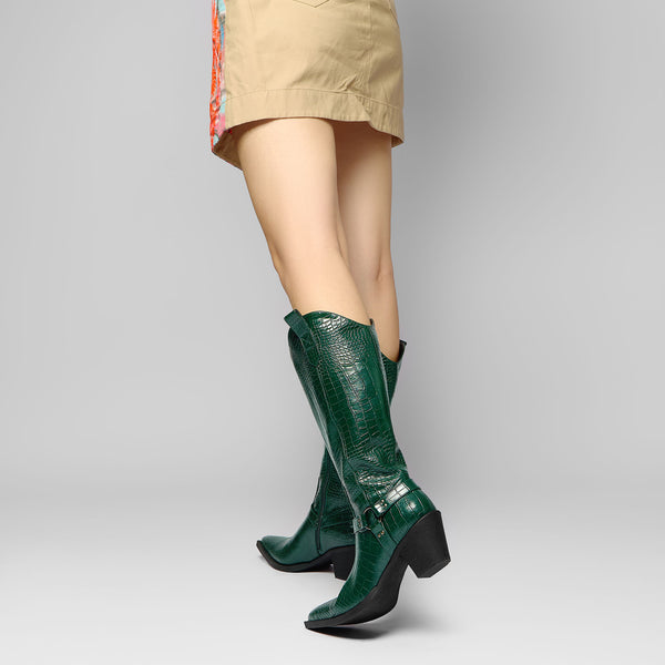 Women Ladies Cowboy Boots for Women Western Cowgirl Boots Embroidered Pointed Toe Mid Calf Boots with Chunky Block Heel 6CM Heels