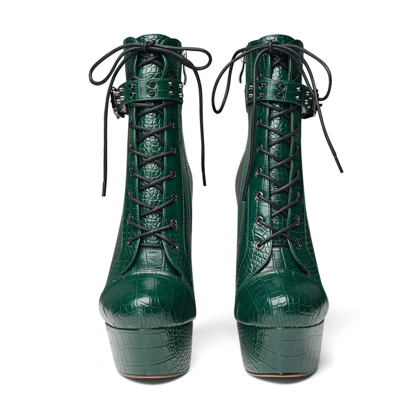 Crocodile Textured Ankle Boots with Zipper, Lace-up, and Ankle Straps _ 2-inch Platform Bootie, 6-inch Heel Shoes