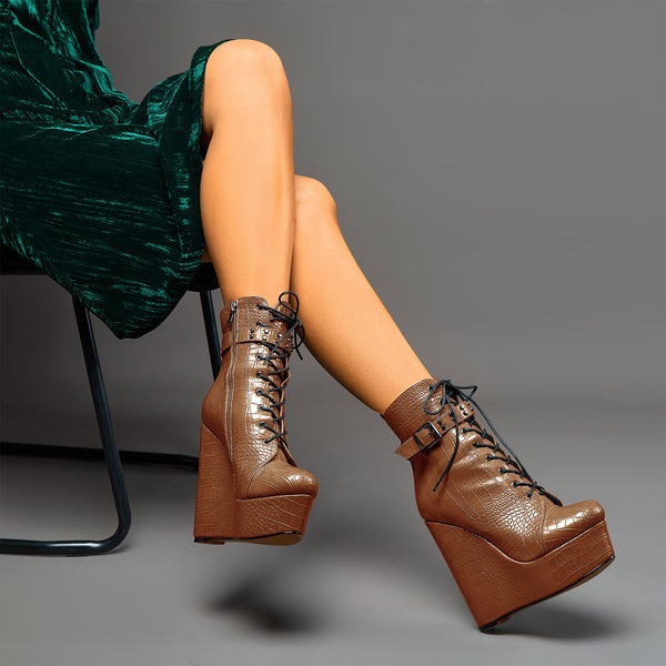 Crocodile Textured Ankle Boots with Zipper, Lace-up, and Ankle Straps _ 2-inch Platform Bootie, 6-inch Heel Shoes