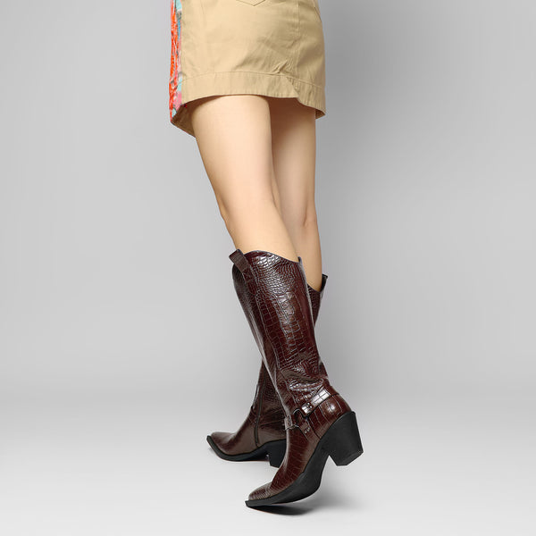 Women Ladies Cowboy Boots for Women Western Cowgirl Boots Embroidered Pointed Toe Mid Calf Boots with Chunky Block Heel 6CM Heels