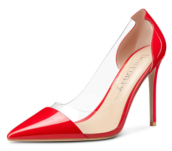 Aachcol Women's High Heels Transparent Clear Pumps Slip On Sexy Pointed Toe Stilettos 4" Inch Red Colorfull Patent Heel