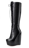 Aachcol Women's High Heels Platform Wedge Mid Calf Boots Round-Toe Lace-Up Boot with Zipper Basic Office Boot 6" Heel Shoes
