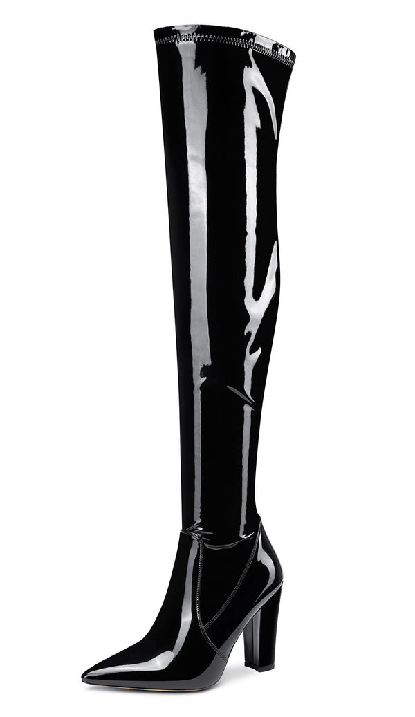 Aachcol Women's High Heels Over Knee Boots Pointed-Toe Sexy Boot with Zipper Basic Office Boot 4" Chunky Heel Shoes