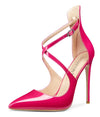 Aachcol Women's High Heels Cross Ankle Strap Pumps Pointed Toe 4.7" Inch Patent Heel Buckle