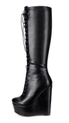Aachcol Women's High Heels Platform Wedge Mid Calf Boots Round-Toe Lace-Up Boot with Zipper Basic Office Boot 6" Heel Shoes