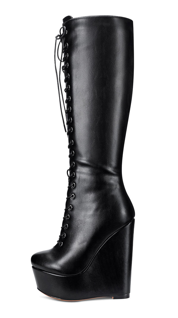 Aachcol Women's High Heels Platform Wedge Mid Calf Boots Round-Toe Lace-Up Boot with Zipper Basic Office Boot 6" Heel Shoes