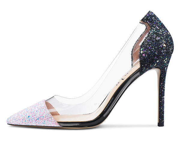 Aachcol Women's High Heels Transparent Clear Pumps Slip On Sexy Pointed Toe Stilettos 4 Inch Colorful Glitter Heel