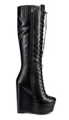 Aachcol Women's High Heels Platform Wedge Mid Calf Boots Round-Toe Lace-Up Boot with Zipper Basic Office Boot 6" Heel Shoes