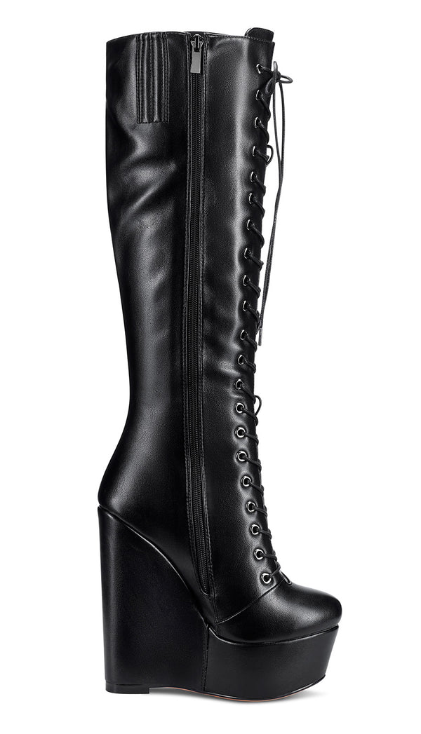 Aachcol Women's High Heels Platform Wedge Mid Calf Boots Round-Toe Lace-Up Boot with Zipper Basic Office Boot 6" Heel Shoes