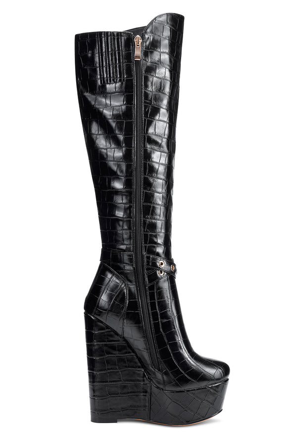 Aachcol Women's High Heels Platform Wedge Mid Calf Boots Round Toe Boot with Zipper Basic Office Black Boot 6" Heel Shoes