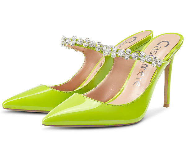 Aachcol Womens Slingback Slip On High Heels Pumps Rhinestones Strappy Pointy Toe 10CM Heel Sandals