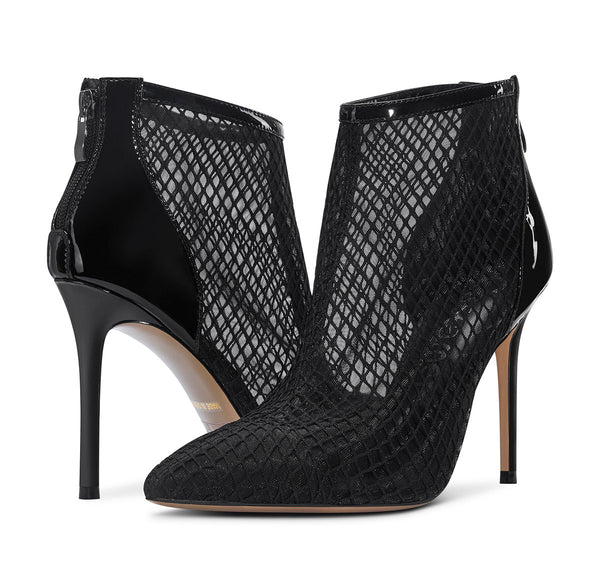 Aachcol Women's Mesh Ankle Boots High Heels Sandals Booties Slip On Pointed Toe Stilettos Boots with Zipper 10CM Heels