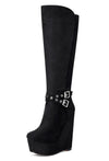 Aachcol Women's High Heels Platform Wedge Mid Calf Boots Round Toe Boot with Zipper Basic Office Black Boot 6" Heel Shoes