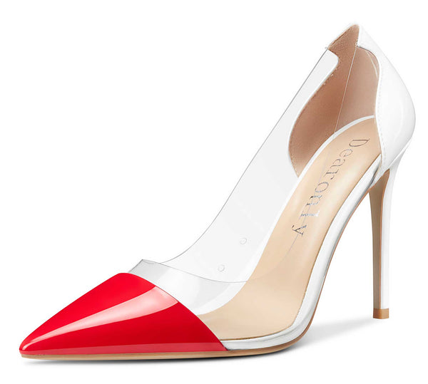 Aachcol Women's High Heels Transparent Clear Pumps Slip On Sexy Pointed Toe Stilettos 4" Inch Red Colorfull Patent Heel
