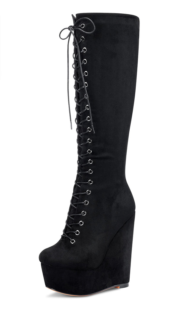 Aachcol Women's High Heels Platform Wedge Mid Calf Boots Round-Toe Lace-Up Boot with Zipper Basic Office Boot 6" Heel Shoes
