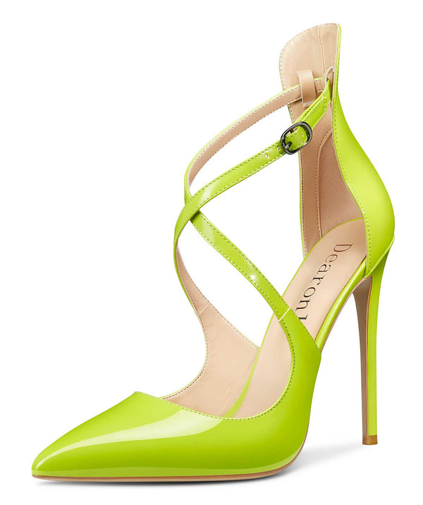 Aachcol Women's High Heels Cross Ankle Strap Pumps Pointed Toe 4.7" Inch Patent Heel Buckle