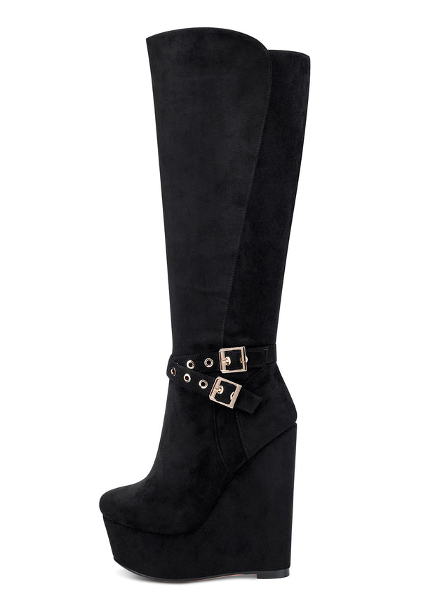 Aachcol Women's High Heels Platform Wedge Mid Calf Boots Round Toe Boot with Zipper Basic Office Black Boot 6" Heel Shoes