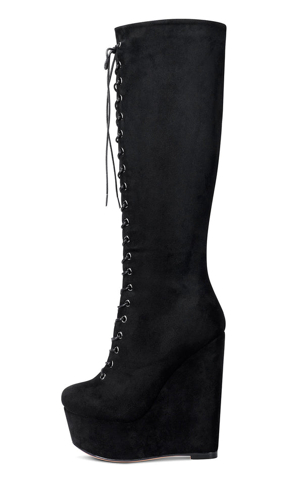 Aachcol Women's High Heels Platform Wedge Mid Calf Boots Round-Toe Lace-Up Boot with Zipper Basic Office Boot 6" Heel Shoes