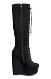 Aachcol Women's High Heels Platform Wedge Mid Calf Boots Round-Toe Lace-Up Boot with Zipper Basic Office Boot 6" Heel Shoes