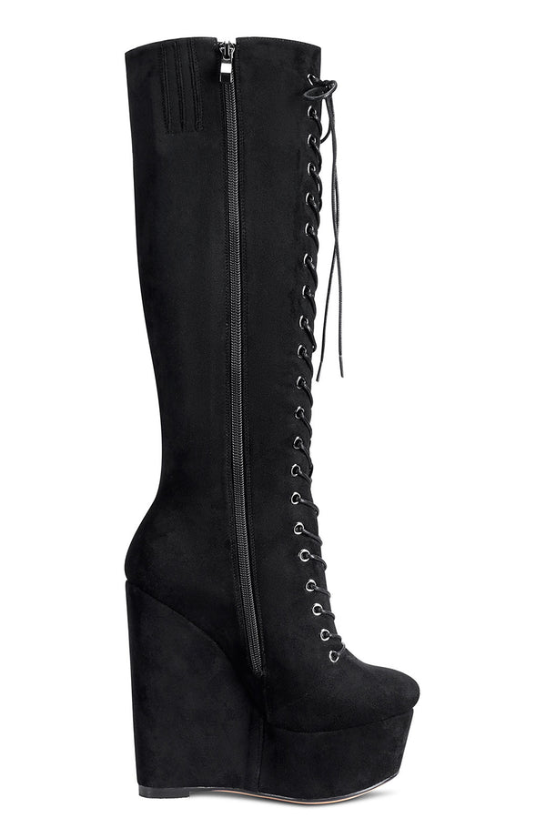 Aachcol Women's High Heels Platform Wedge Mid Calf Boots Round-Toe Lace-Up Boot with Zipper Basic Office Boot 6" Heel Shoes
