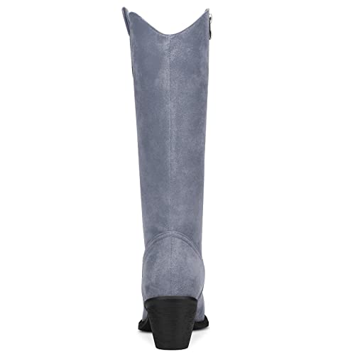 Aachcol Womens Western Cowboy Cowgirl Boots Mid Calf Pull-Up Closed Pointed Toe Block Chunky Heel Zipper Suede Dress Shoes Classic Grey 2.5 Inch