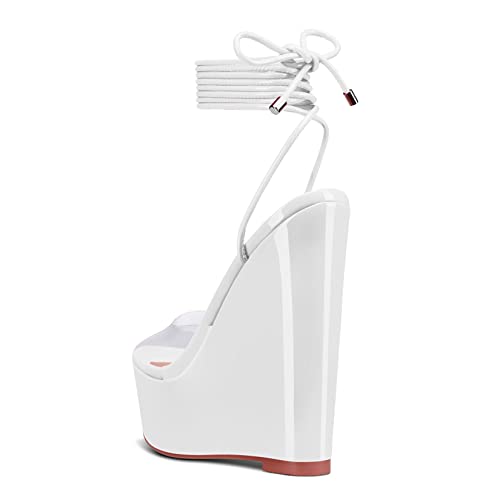 Aachcol Womens High Wedge Platform Heel Peep Open Toe Ankle Strap Sandals Lace Wedding Clear Dress Shoes 5.9 Inches Heels White Transparent