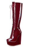 Aachcol Women's High Heels Platform Wedge Mid Calf Boots Round-Toe Lace-Up Boot with Zipper Basic Office Boot 6" Heel Shoes