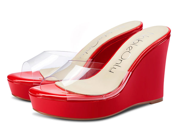Aachcol Womens High Heels Platform Wedge Sandals Clear Transparent Comfortable Slippers Leather Lining Slip-on Office Shoes 10CM Heel