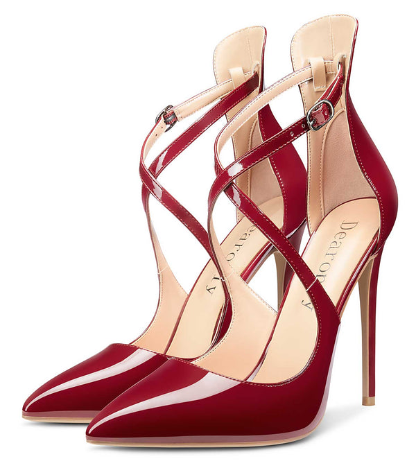 Aachcol Women's High Heels Cross Ankle Strap Pumps Pointed Toe 4.7" Inch Patent Heel Buckle