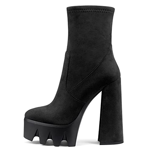 Castamere Women Platform Ankle Boots Short Bootie High Heel Close Toe Chunky Block 5.9 Inches Heels Zipper Slip-on Boots Black Suede