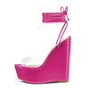 Aachcol Womens High Wedge Platform Heel Peep Open Toe Ankle Strap Sandals Lace Wedding Clear Dress Shoes 5.9 Inches Heels Magenta Peach Red