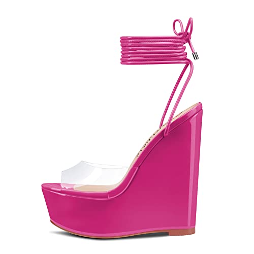 Aachcol Womens High Wedge Platform Heel Peep Open Toe Ankle Strap Sandals Lace Wedding Clear Dress Shoes 5.9 Inches Heels Magenta Peach Red