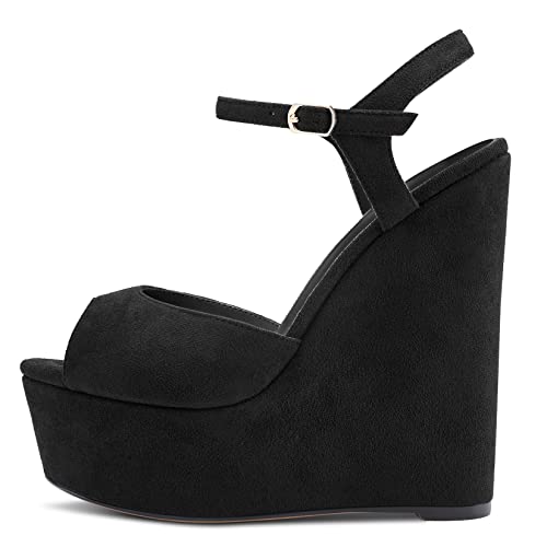 Aachcol Womens Wedge Platform Sandals Peep Open Toe Ankle Strap Block Chunky Heel Suede Dress Shoes Bridal Wedding Shopping Cute Black 6 Inch