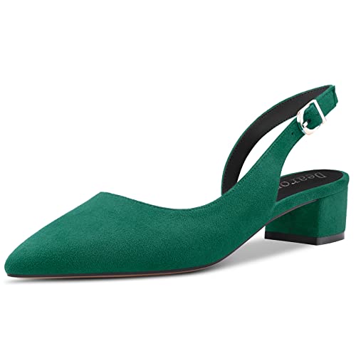 DearOnly Womens Pumps Pointed Toe d-Orsay Kitten Low Block Chunky Heel Slingback Suede Dress Shoes Emerald Green 1.5 Inch
