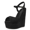 Aachcol Womens Wedge Platform Sandals Peep Open Toe Ankle Strap Block Chunky Heel Suede Dress Shoes Bridal Wedding Shopping Cute Black 6 Inch