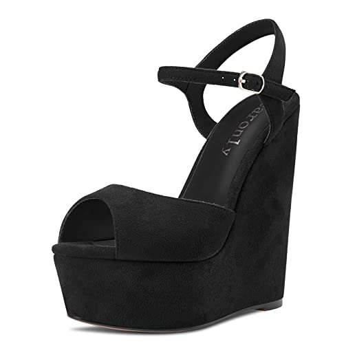 Aachcol Womens Wedge Platform Sandals Peep Open Toe Ankle Strap Block Chunky Heel Suede Dress Shoes Bridal Wedding Shopping Cute Black 6 Inch