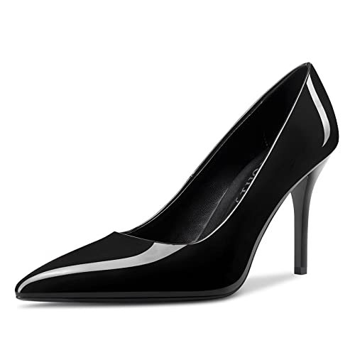 Aachcol Womens Pumps Pointed Toe Slip On Stiletto High Heel Patent Dress Shoes Office Black 3.5 Inch