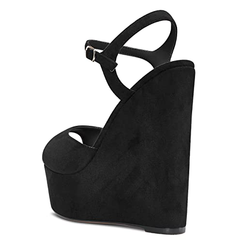 Aachcol Womens Wedge Platform Sandals Peep Open Toe Ankle Strap Block Chunky Heel Suede Dress Shoes Bridal Wedding Shopping Cute Black 6 Inch