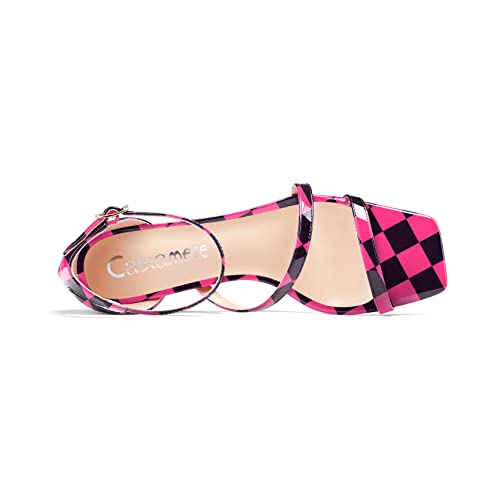 Aachcol Women High Heel Open Toe Sandals Ankle Strap Gladiator Wedding Prom Dress 3.3 Inches Heels Pink Plaid