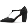 Aachcol Womens Pumps T-Strap Pointed Closed Toe Block Chunky High Heel Ankle Strap Sandals Suede Dress Shoes Bridal Wedding Shopping Black 3 Inch