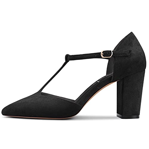 Aachcol Womens Pumps T-Strap Pointed Closed Toe Block Chunky High Heel Ankle Strap Sandals Suede Dress Shoes Bridal Wedding Shopping Black 3 Inch