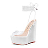 Aachcol Womens High Wedge Platform Heel Peep Open Toe Ankle Strap Sandals Lace Wedding Clear Dress Shoes 5.9 Inches Heels White Transparent